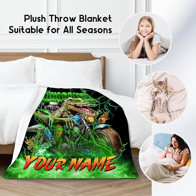 Personalized Kids Blanket Dinosaur Gifts for Boys Toddlers, Soft Plush Cozy Throw for Dinosaur Lovers (4 Sizes)