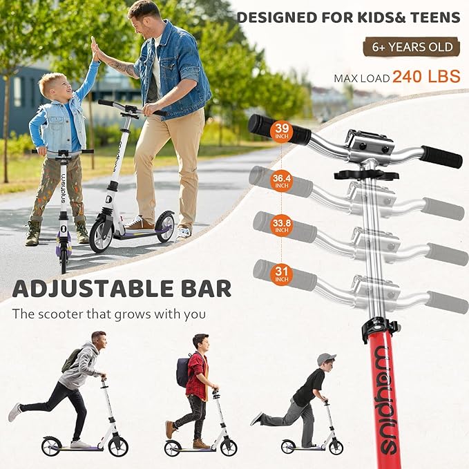 Kick Scooter for Ages 6+,Kid, Teens & Adults. Max Load 240 LBS. Foldable, Lightweight, 8IN Big Wheels for Kids, Teen and Adults, 4 Adjustable Levels. Bearing ABEC9