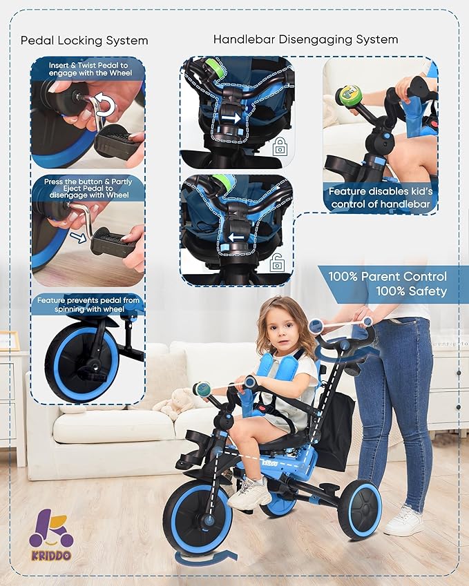 KRIDDO 8-in-1 Foldable Tricycle Stroller for Toddlers 18 Months to 5 Years, 5-Point Seatbelt, 1-Step Brake Pedal, Extended Canopy, Triple Footrest, Safety Rearview Window, Detachable Guardrail, Blue