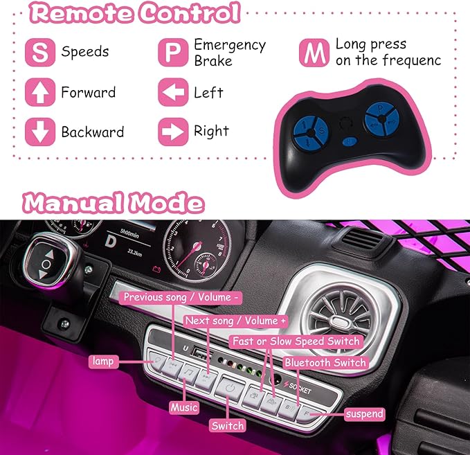 OTTARO Ride on Cars Vehicles 2 Seater, Battery Powered 12V Large Electric Truck for Kids with Remote Control, Spring Suspension, LED Lights, Music(Pink)