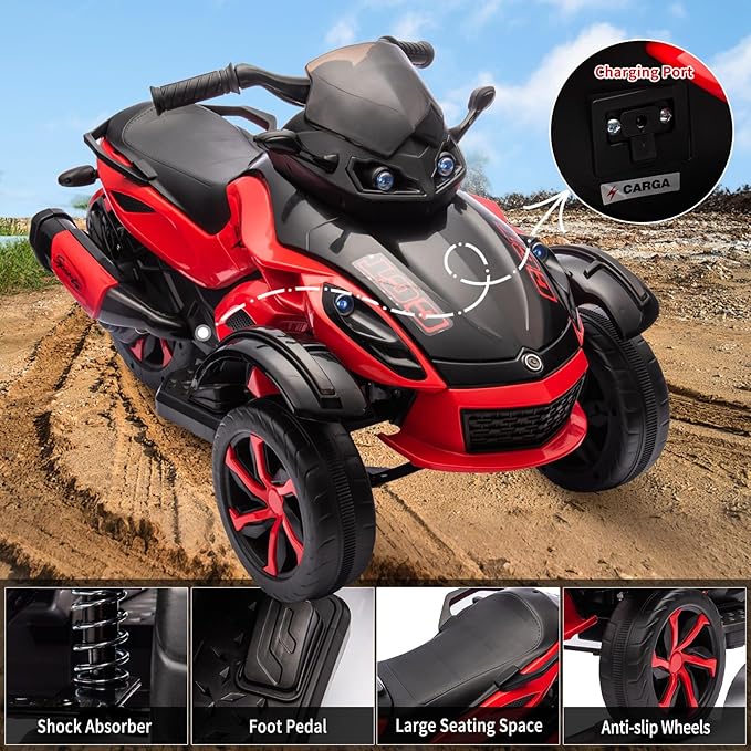 Xinyonxin 12V Kids Electric ATV, 3-Wheeler Motorcycle Ride on Toys for Toddlers w/Music, LED Lights, USB, One-Button Start, Forward/Reverse, Electric All-Terrain Car, Gift for Age 3+ (Red)