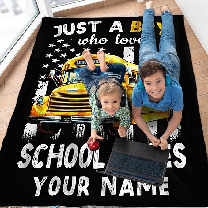 Custom School Bus Blanket for Boys, Cute Throw Blanket Gifts for Kids Truck Lovers, Personalized 30x40 Inches Black Soft Fuzzy Blankets for Sofa Couch Bed
