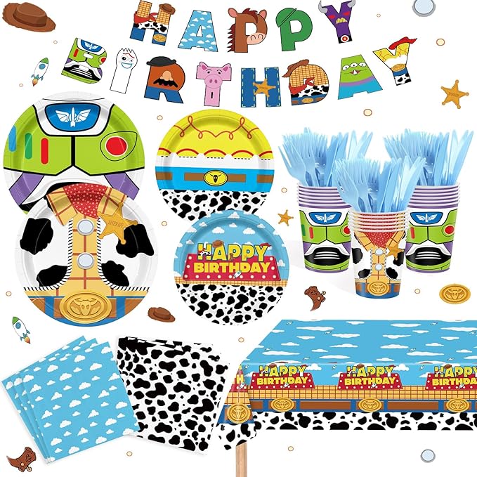 182PCS Toy Theme Party Supplies Cartoon Toy Theme Party Decorations Toy Theme Tableware Set Plates Napkins Cups Banners Tablecloths Forks Knives Holds 20 Guests
