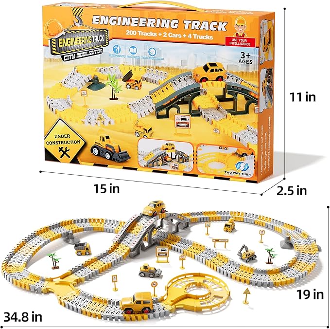 iHaHa Toddlers Construction Race Tracks Toys Gifts for 3 4 5 6 Years Old Boys Kids, 2PCS Electric Race Cars & 4 Pcs Construction Trucks, Birthday Gift Toys for Boys 2 3 4 5 6+