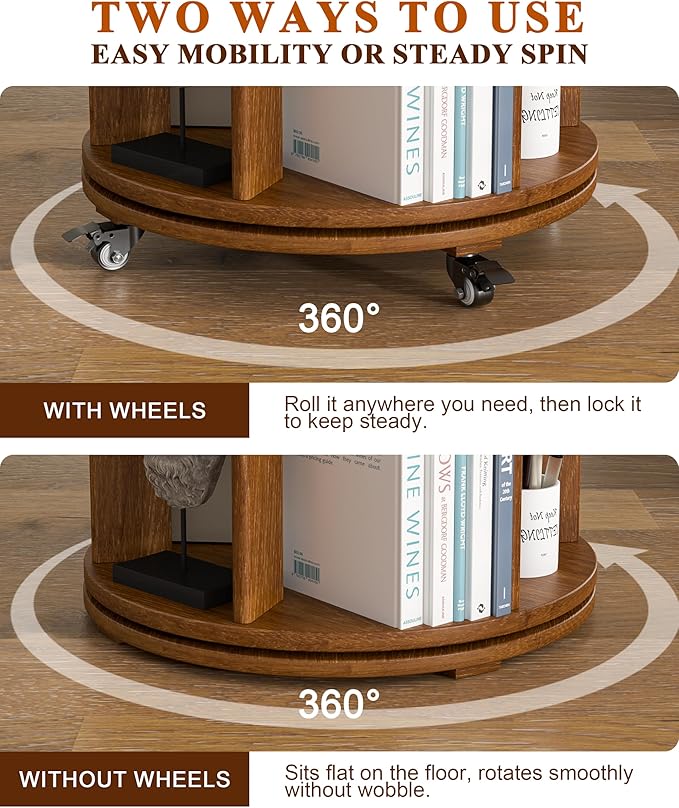 5-Tier Solid Wood Rotating Bookshelf on Wheels, 360° Spinning Book Shelf Tower, Round Revolving Bookcase Organizer, Rolling Bookshelves for Small Spaces, Corner, Bedroom, Kids Room, Office, Walnut