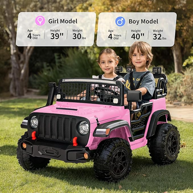 2 Seater Ride on Car Toy, 12V Electric Car for Kids 4-8 with Remote Control, Capacity 110 lb, LED Light - Light Pink