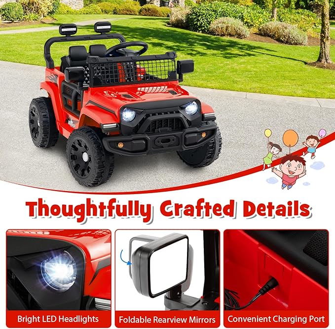 Costzon Kids Ride on Car Truck, 12V Electric Vehicle w/Foldable Mirrors, 3 Speeds, LED Lights, Music & Horn, Ride on Toys Remote Control Car for Toddlers, Boys & Girls (Red,34" × 23" × 21")
