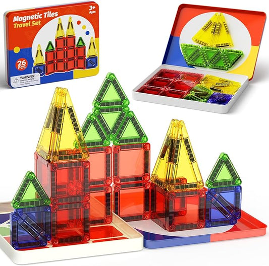 Mini Magnetic Tiles with Iron Case, Magnetic Building Toys Kid's Travel Essential Portable Creativity On-The-Go Magnet Blocks STEM Travel Toys for Toddler Boys Girls Ages 3+, 26-Piece