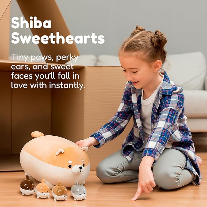 PixieCrush Stuffed Dog Toy - Cute Plushies Shiba Inu Mommy with 4 Puppies - Adorable Plush Pillow for Imaginative Play - Puppy Surprise Soft Animal Toy Set for Girls - Stuffed Animals for Ages 3-8