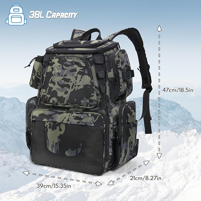 Anpress 38L Fishing Tackle Backpack with 2 Rod Holder Waterproof Large Storage Outdoor Tackle Bag Fishing Rucksack Bag for 4 Trays, Tackle Storage Backpack for Camping Hiking Traveling Cycling