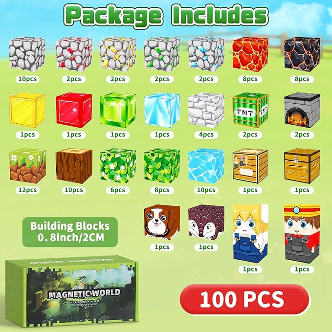 Magnetic Blocks, 100 PCS Magnetic Building Blocks Cubes - Stacking Magnet Toys for Kids Toddlers Ages 4-8 8-12, Magnetic Tiles STEM Toys Christmas Birthday Gifts for Boys Girls (0.8IN/2CM)