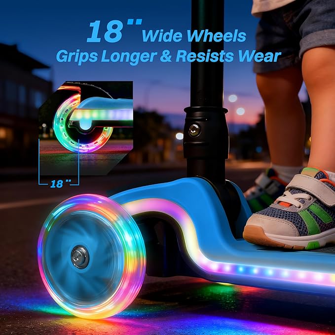 ZIFFY 3-Wheel Light-Up Toddler Scooter for Kids 3-8, Kids Scooter for Boys Girls with 20 Dynamic LED Lights, 4 Adjustable Height Balance Kick Scooter 110LBS, Lean-to-Steer Anti-Slip Wide Deck by JOVA