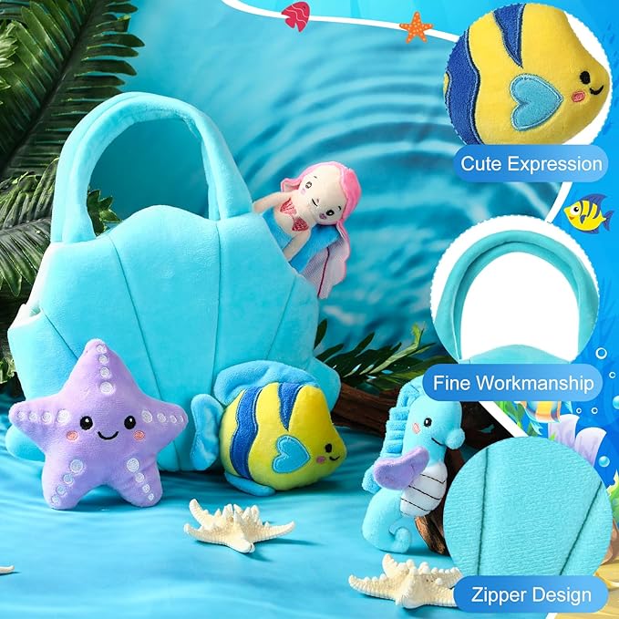 Syhood 5 Pieces Ocean Stuffed Animals Plush Set Include 1 Shell Carrying Bag Toy Set with Small Mermaid Seahorse Starfish Fish Sensory Toy for Boys and Girls Huggable Sleeping Holiday Birthday Gifts