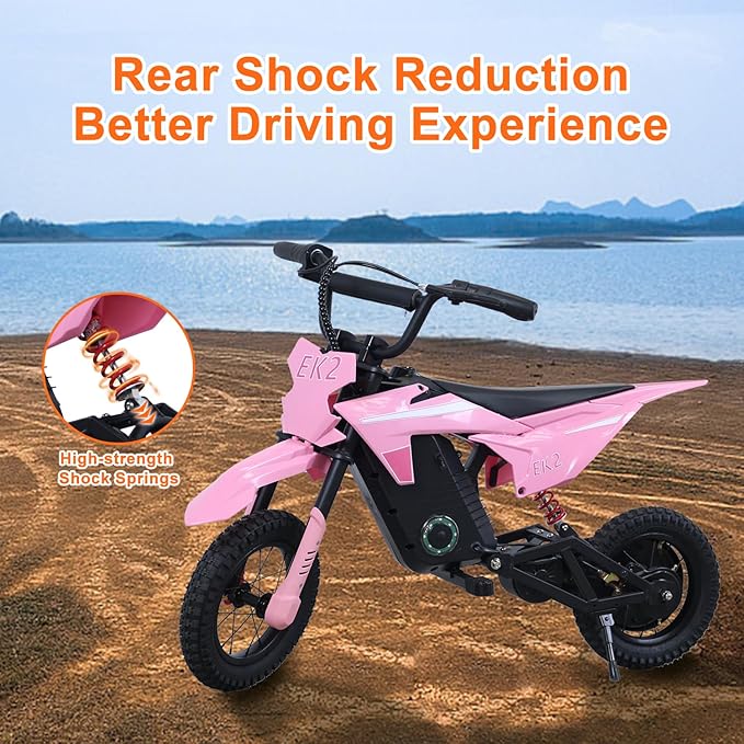 EK2 Kids Electric Dirt Bike, 350W Motor, 15 MPH Max Speed, 36V 5.2Ah Lithium Battery 12 Miles Max Range, Electric Motorcycle for Kids Aged 5-10, Pink
