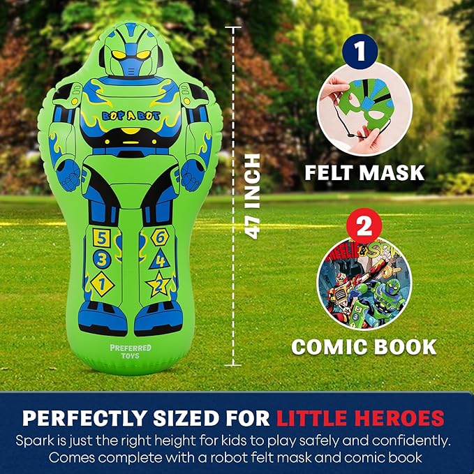 Inflatable Punching Bag for Kids – 47-Inch Bop Bag with Instant Bounce-Back Action, Includes Mask & Comic Book – Heavy Duty PVC Punching Dummy for Boys & Girls, Indoor & Outdoor Play