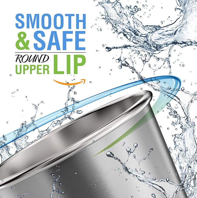 Stainless Steel Pint Cups Water Tumblers 16 oz - Unbreakable, BPA Free, Stackable Premium Quality 18/18 Metal Drinking glasses for Home & Outdoor Activities, Picnic, Travel & Camping (4-Pack)