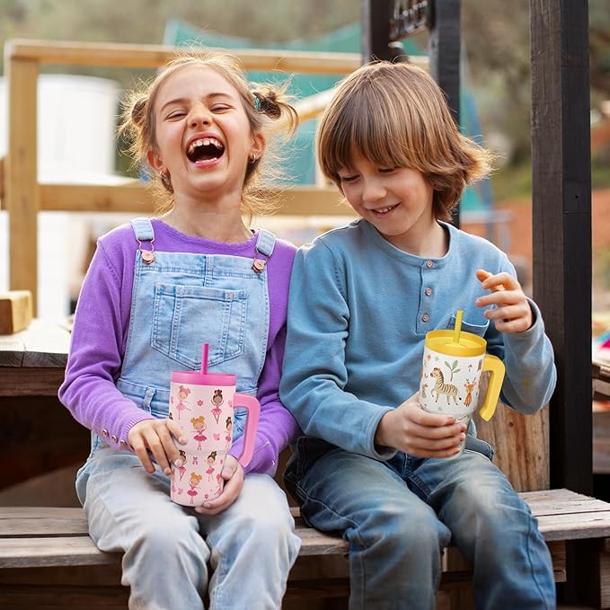 Ballerina Tumbler 20oz with Handle and Silicone Straw Lid for Kid, Insulated Stainless Steel Cup, Gift for Kids Girls, Gifts Idea for Birthday Christmas Back to School