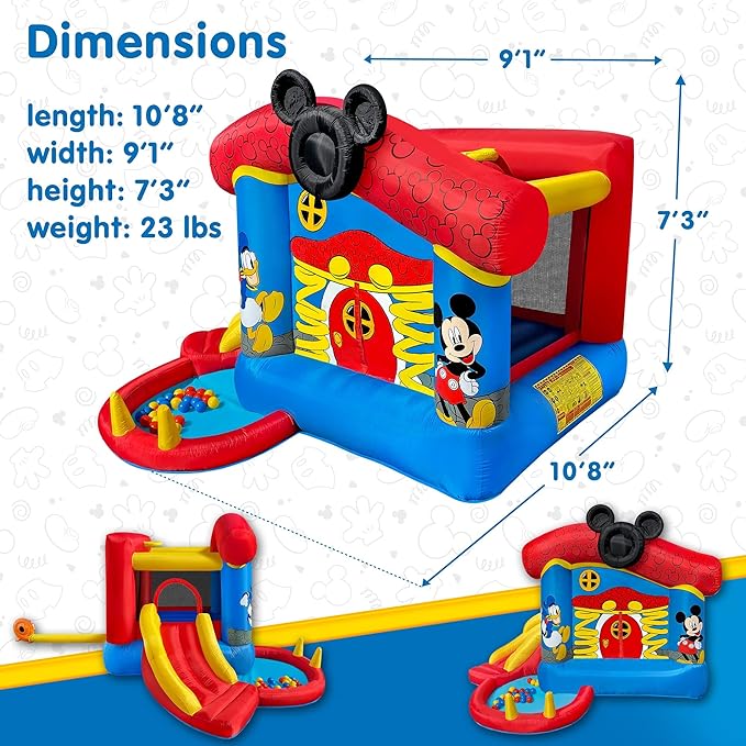 Funormous Disney Mickey Mouse Bounce House with Slide, Indoor Outdoor Inflatable Bouncy Castle Funhouse Ball Pit Plus Heavy Duty Air Blower