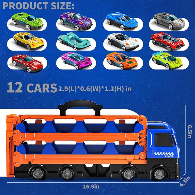 Cars Truck Set Transport Toy for Kids, Race Track Set with 12 Die-Cast Cars, Trucks Playset, 2-Tier Launching Tracks, Carrier Toy for Boys Girls Birthday Gifts for Boys Ages 1-3 2-4 3-5 4-7