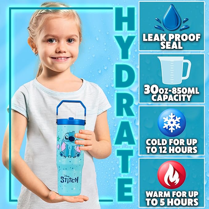 Get Trend Disney Stitch Tumbler with Straw 30oz Kids Teens Insulated Cup with Lid Handle Travel Mug Cups with Lids for School Sports Gifts for Kids (Blue Stitch)