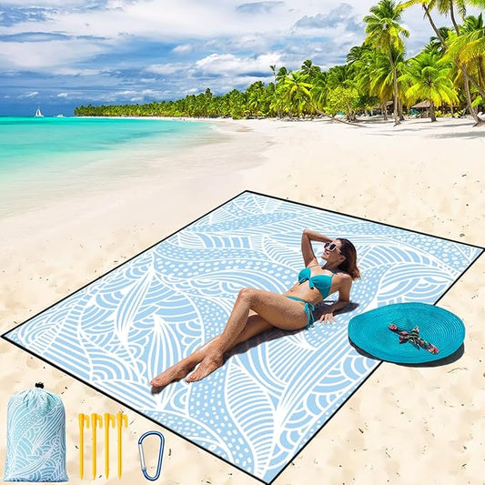 Beach Blanket Waterproof Sandproof Beach Mat 79" X 83"/10'x9'for 2-8 Adults Quick Drying Outdoor Picnic Mat Beach Accessories for Travel, Camping, Hiking