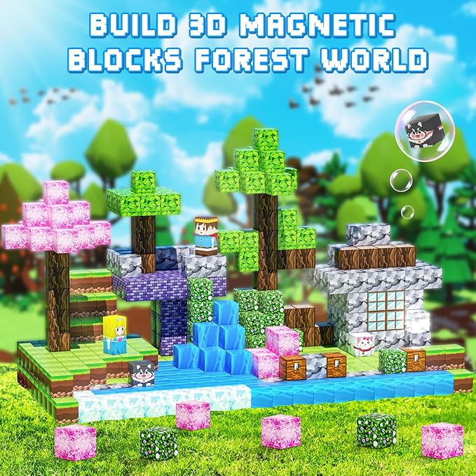 Magnetic Blocks, 108PCS Magnetic Building Blocks for Kids, STEM Build Magnets Forest World Set for Toddler Birthday Xmas Gifts, Montessori Sensory Toys for Boys Girls Aged 3-12, 1" Magnet Cubes