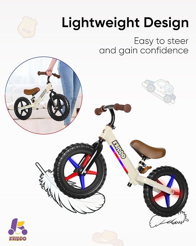 KRIDDO Toddler Balance Bike 2 Year Old, Kids Balance Bike for 2-5 Years Old, Dual Bearing for Smoother Riding, Adorable Plate, Adjustable Seat and Handlebar, Toddler Bike Gifts Age 2-3, LED-White