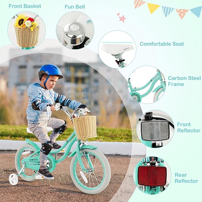 BABY JOY Kids Bike, 14 16 18 Inch Retro Kids Bicycles for 3-8 Years Old Children with Training Wheels, Adjustable Height, Rattan Basket, Handbrake & Coaster Brake, Boys Girls Bike (Pink, Green, Blue)