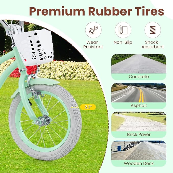 COSTWAY Kids Bike, 12 14 16 18 Inch Toddler Bike Children Bicycle w/Training Wheels, Hand & Coaster Brakes, Adjustable Saddle & Handlebar, Basket, Bell, Kids Bicycle for Girls Boys Aged 3-8 Years Old