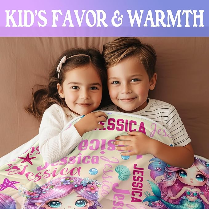 Custom Girl Blanket with Name Personalized Cute Mermaid Blanket for Newborn Customized Soft Flannel Throw Blanket Memorial Gift for Toddler on Birthday Baby Shower Christmas