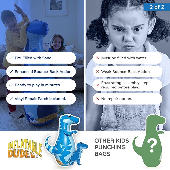 INFLATABLE DUDES Dinosaur -Kids Punching Bag | Already Filled with Sand| Bop Bag | Premium Inflatable Toy | Punching Bag for Kids | Enhanced Bounce-Back Action! | Indoor Outdoor - Party Games