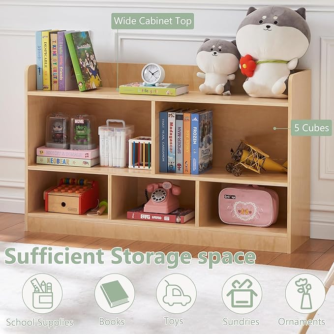 Wooden Storage Cabinet, 2-Tier Montessori Bookshelf, 5-Section Kids Toy Storage Organizer Toddler Book Shelf, Book Shelf for Kids Rooms, Playroom and Preschool