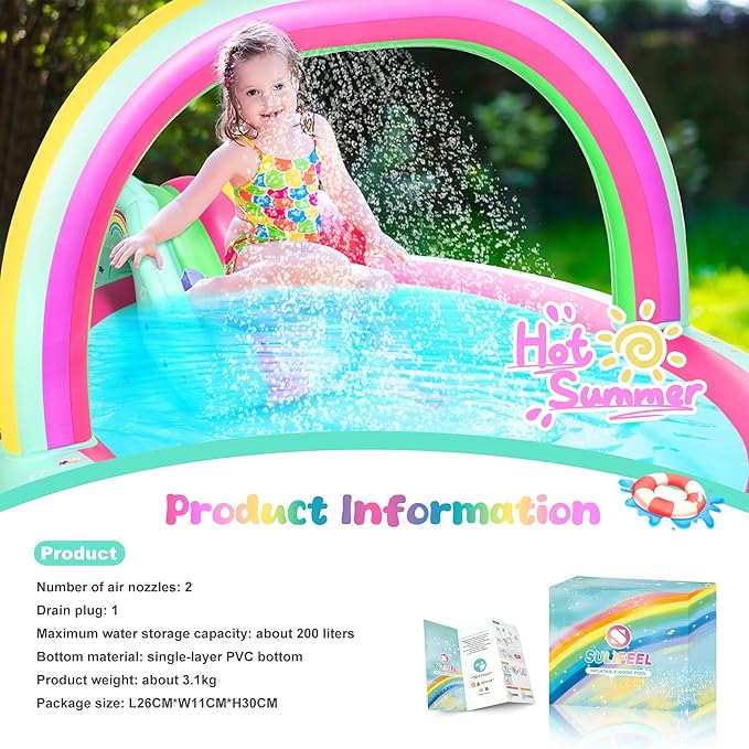 SULIFEEL Rainbow Unicorn Inflatable Play Center Kiddie Pool with Slide and Sprinkler for Children, 96''x59''x39''in Baby Pool for Backyard and Garden, Free Inflatable Pump