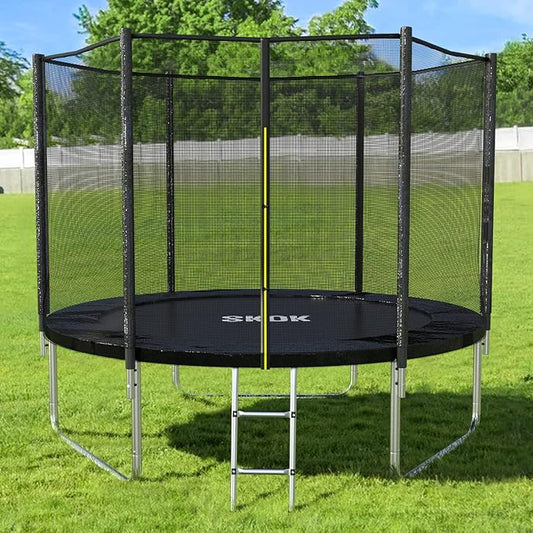 SKOK Trampoline 8FT 10FT 12FT 14FT 15FT Trampolines with Enclosure Net, 400LBS Outdoor Trampolines for Kids with Basketball Hoop-ASTM Approved Trampoline for Children and Adults with Ladder