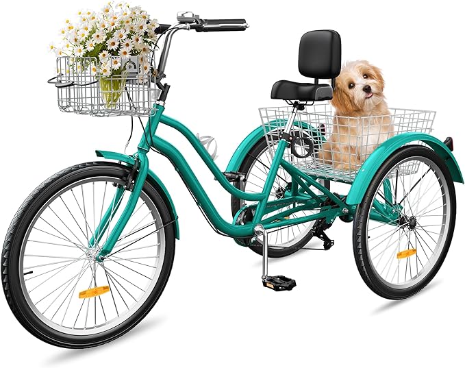 YITAHOME 24 & 26 Inch Adult Tricycle, 1 & 7 Speed 3 Wheel Bikes, Large Seat with Backrest Trike for Adults with Front & Rear Baskets, Cruiser Bike for Seniors Women Men Commute Picnic Outdoor