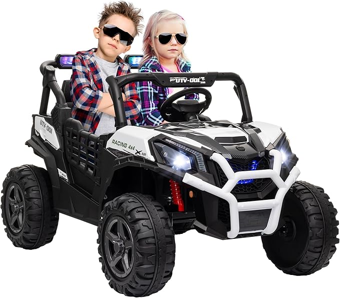 Qaba 24V 2 Seater Ride on Car, Electric Off-Road UTV Truck w/Parent Remote Control, Music, Lights, Ride on Toy for Kids Ages 3-8, White