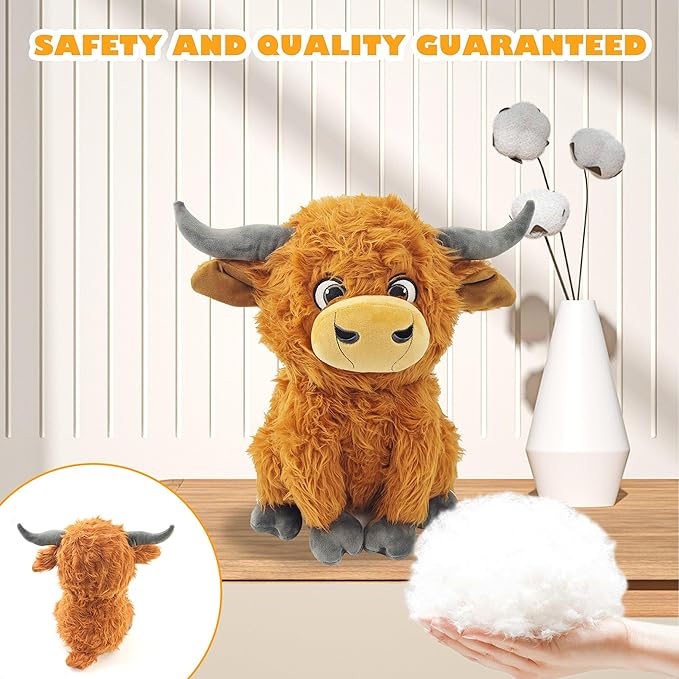 12" Highland Cow Plush Toy, Large Size Soft Stuffed Animal, Plushie, Fluffy Cute Fuzzy Highland Cattle with Horns, Adorable Gift for Kids, Toddlers & Cow Lovers, Decorative Plushie for Home or Nursery