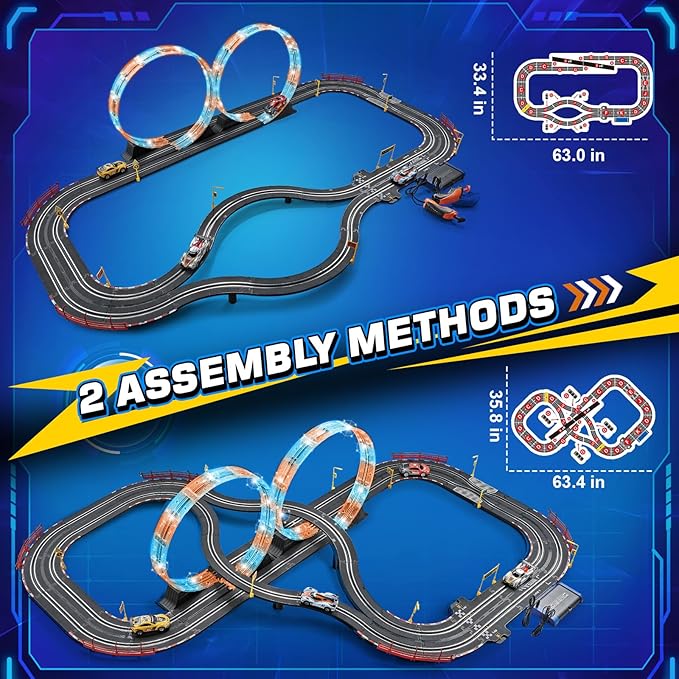 Boy Toys Gifts for 6 7 8-12 Years Old, Slot Car Race Track Sets with 4 Slot Cars, Battery or Electric Car Track with Flash Light, Dual Racing Game Lap Counter Circular Overpass Track Gifts for Kids