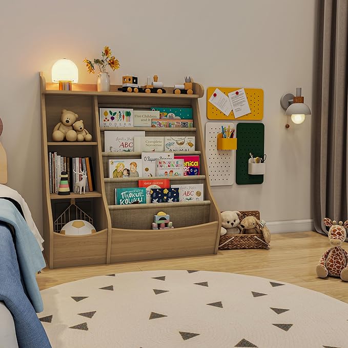 FKWin Bookshelf for Kids Room - 4 Tier Toddler Book Shelf with 5 Sling Pockets，Deer Design Nursery Storage Organizer for Books Nature