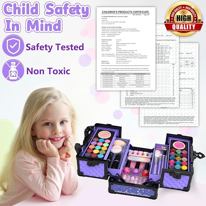 Hollyhi 59Pcs Kids Makeup Kit for Girl, Washable Play Makeup Toys Set for Dress Up, Beauty Vanity Set with Cosmetic Case Birthday Toys for Girls 3 4 5 6 7 8 9 10 11 12 Year Old Kids Toddlers (Purple)