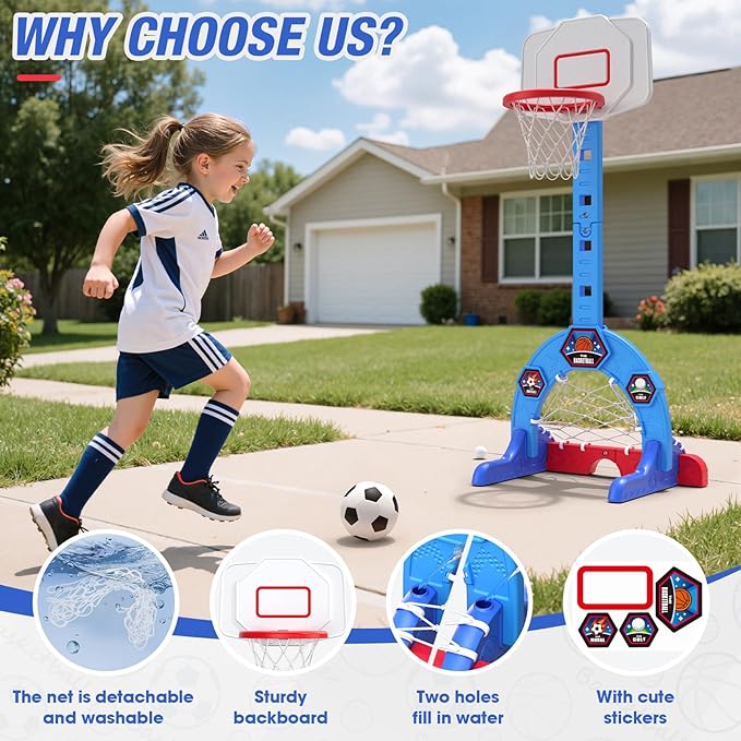 Toddler Basketball Hoop, 3-in-1 Sports Activity Center with Soccer Goal, Golf Game, 5 Height Adjustable Kids Basketball Hoop, Indoor Outdoor Playset Toys Gifts for Boys Girls 3-5, Blue