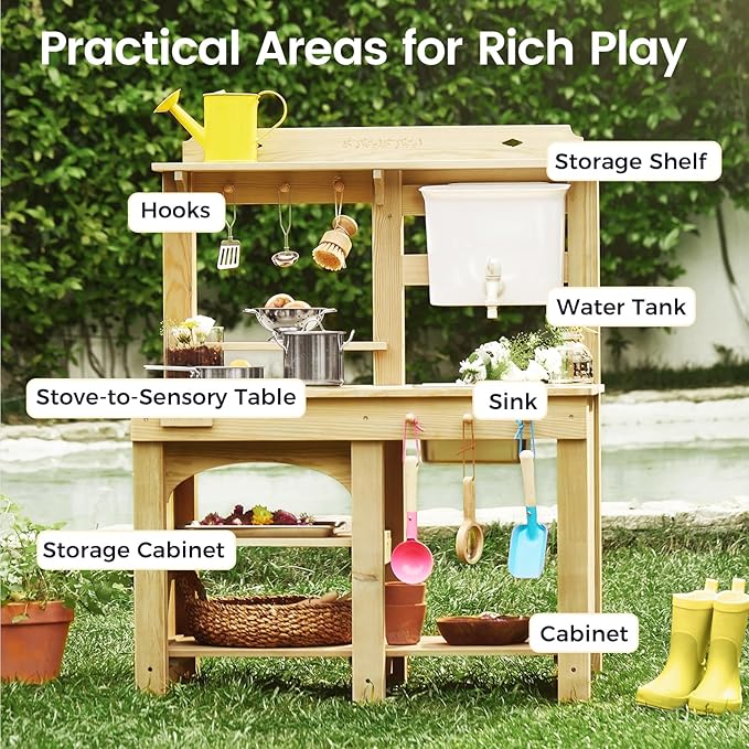 Tiny Land Outdoor Mud Kitchen for Kids, Wooden Play Kitchen with Water Tank, Water Play, Cooking, & Sensory Fun, Durable & Weather-Resistant Design with Storage, Gift for Ages 3+