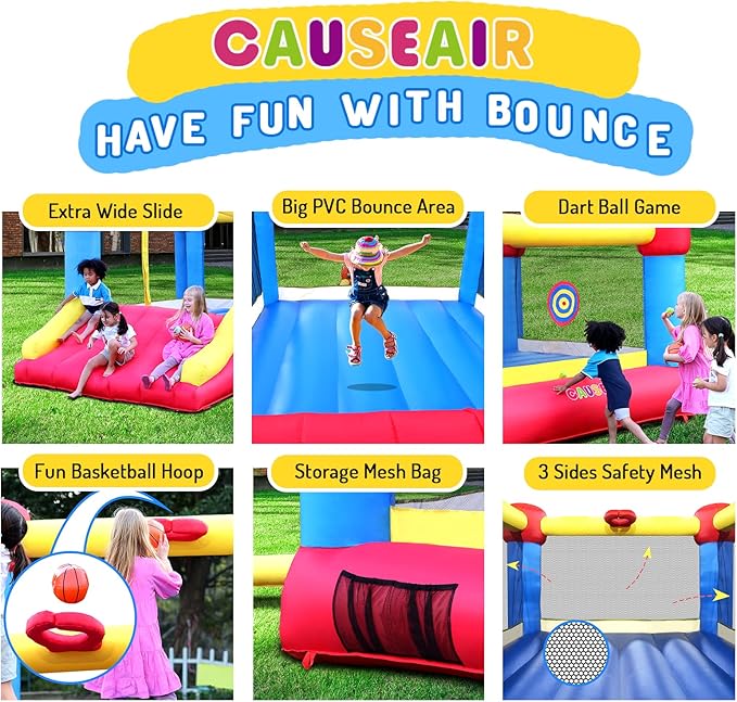 Inflatable Bounce House with GFCI Blower,12 ft L x 9 ft W,Basketball Hoop,Dart Ball Game,Durable PVC Coated Bounce Area,Jumping Bouncy Castle with Slide