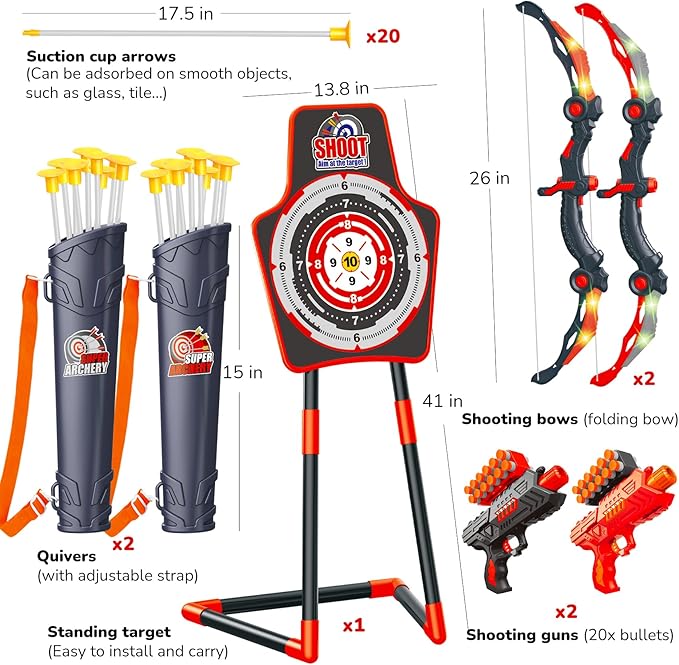 GMAOPHY 2 Pack Bow and Arrow Toy for 5 6 7 8 9 10 11 12 Year Old Boys, Birthday for Kids, Indoor Outdoor Sport Games Toys for Ages 4-8 8-12, LED Light Up Archery Set with 20 Toy Arrows (Red)