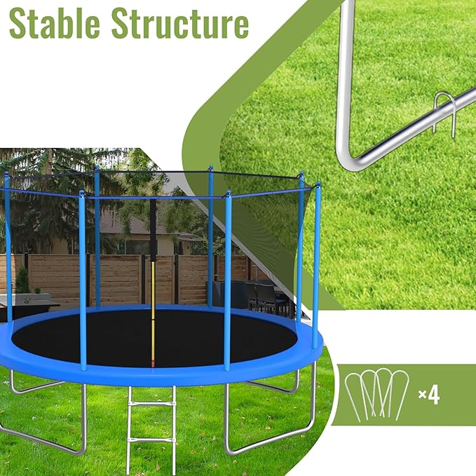 10FT/12FT/14FT Trampoline for Kids and Adults - Outdoor Trampoline with Safety Net - Anti Rust - ASTM Approved - Blue