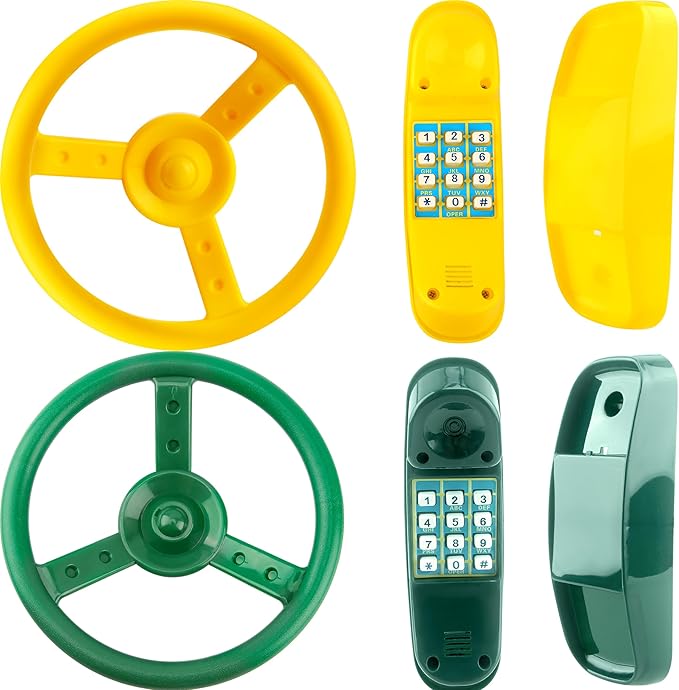 4 Pack Playground Accessories for Kids Outdoor Playground Steering Wheel Priate Ship Wheel Plastic Telephone Phone Toy Swing Set for Playground Backyard Playhouse Tree House (Green,Yellow)