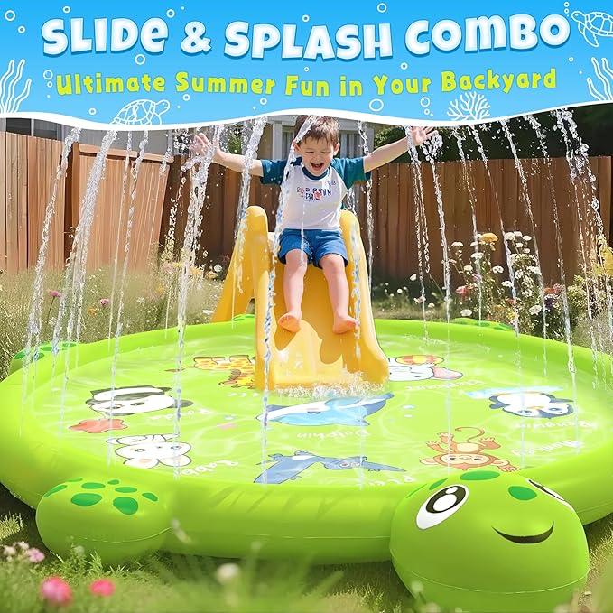 Splash Pad for Toddlers 1-3, 67" Turtle Sprinkler & Splash Play Mat, Inflatable Baby Kid Pool, Summer Outdoor Water Toys for Toddlers, Boys, Girls Backyard Garden Lawn Games