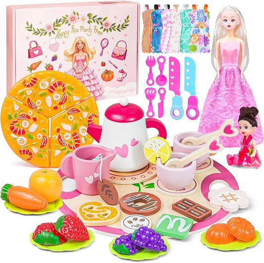 Tea Party Set for Little Girls, Princess Tea Time Toys with Play Food & 2 Dolls Dress up Set, Pretend Kids Kitchen Playset for Girl Toddler Age 3-8 Birthday Gifts