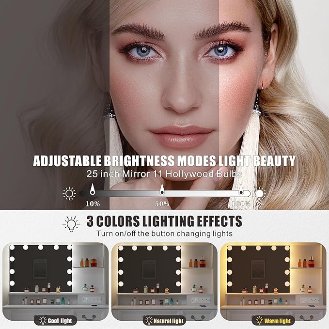 Vanity Desk with Mirror Light and Power Outlet, 39 inch Farmhouse Makeup Table Set with Stool, 3 Color Adjustable Lights Bedroom Dressing Table with 4 Drawer for Women Girls Teens, White