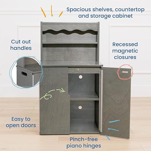 ECR4Kids Play Kitchen Storage Cupboard, Wooden Playset, Grey Wash